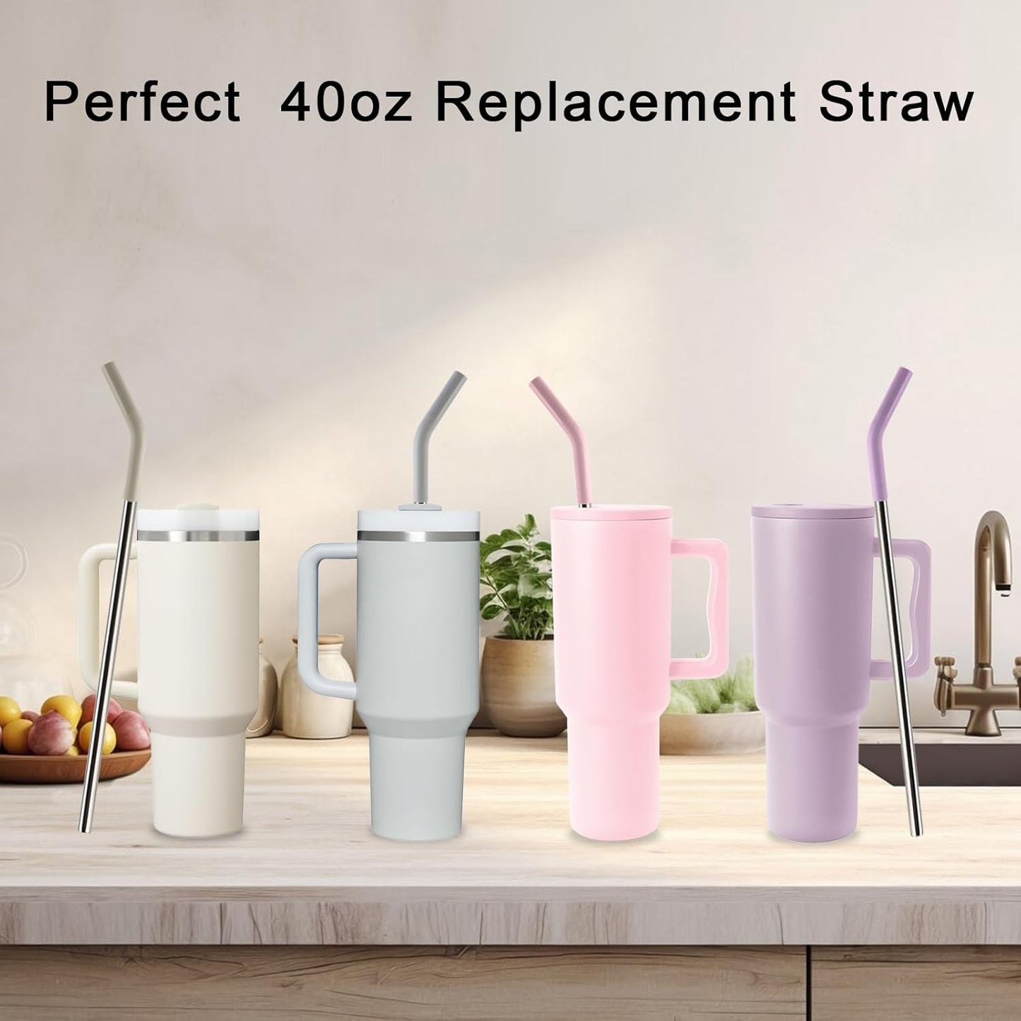 Replacement Straws for 40oz Tumblers,Metal Straws Reusable Compatible with Stanley 40oz Cup, 40 oz Tumbler Straw,4 Pack 12" Extra Long Stainless Steel Straws with Silicone Tips and Cleaner Brush