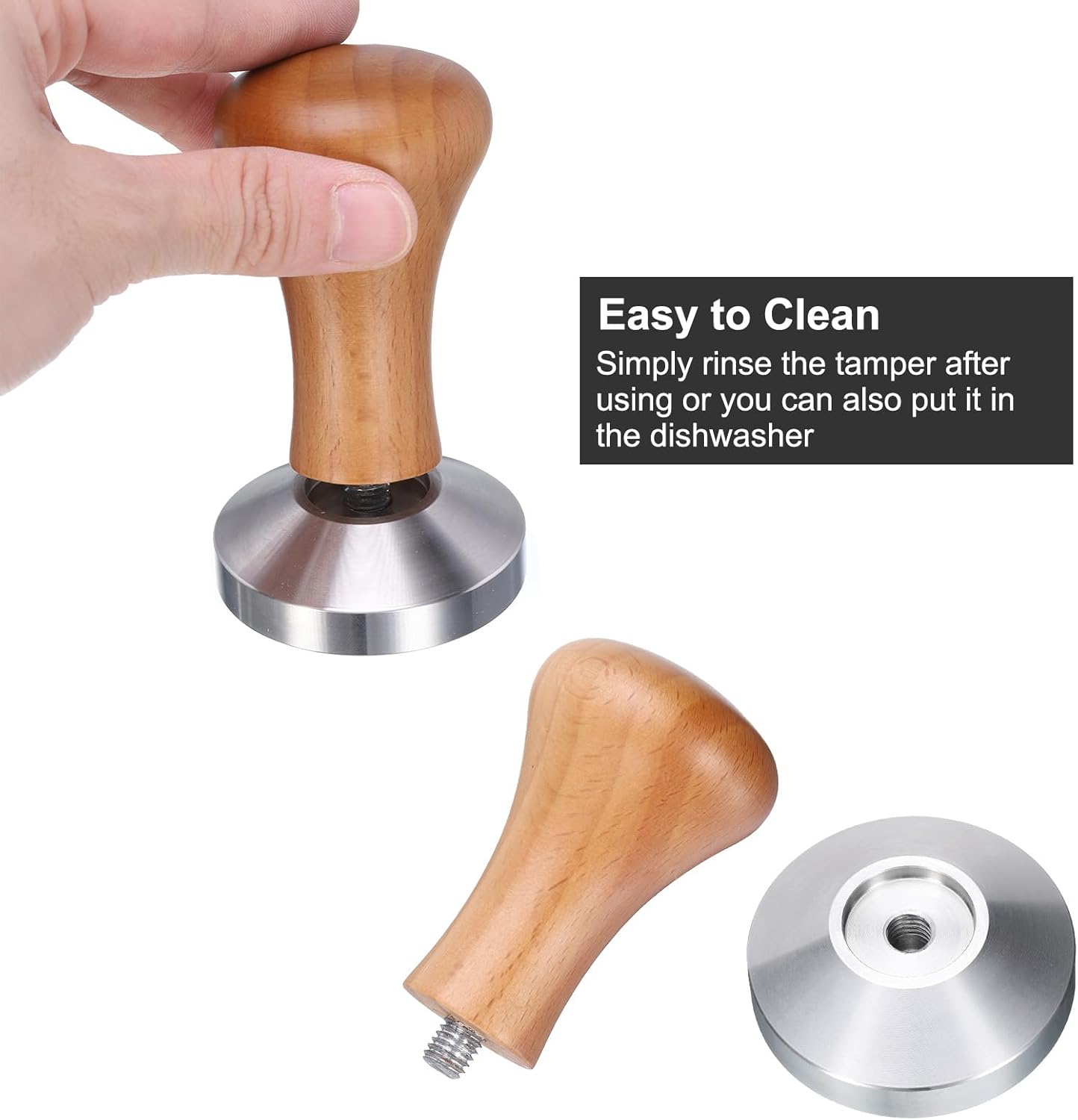 uxcell 58mm Espresso Tamper, Stainless Steel Press Tool Tamper with Wooden Handle, Espresso Accessories for Baristas, Home, Shops, Cafe (Flat Base, Deep Wooden)