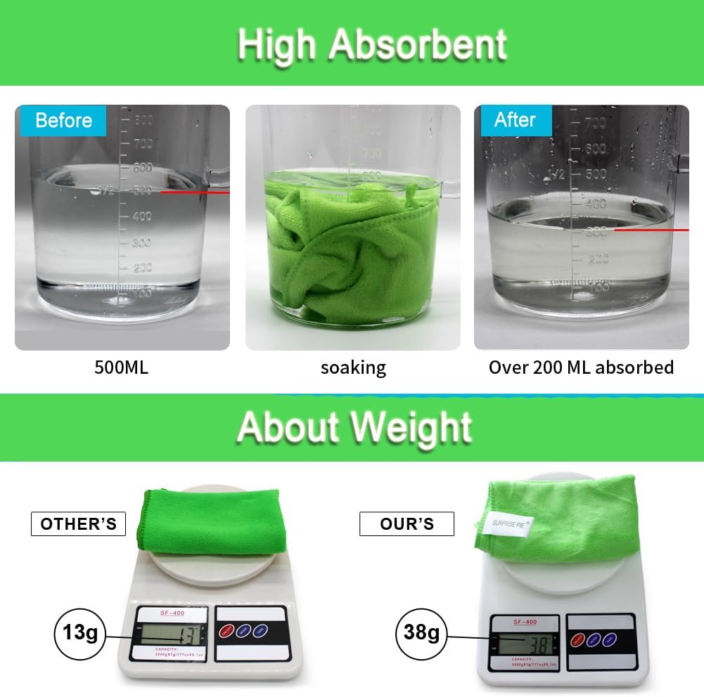 Microfiber Cleaning Cloth for Kitchen Housekeeping Dish Electronics Dust Rags Thick Lint Free Car Wash DryingTowel (12"x12") Green-6 Pack