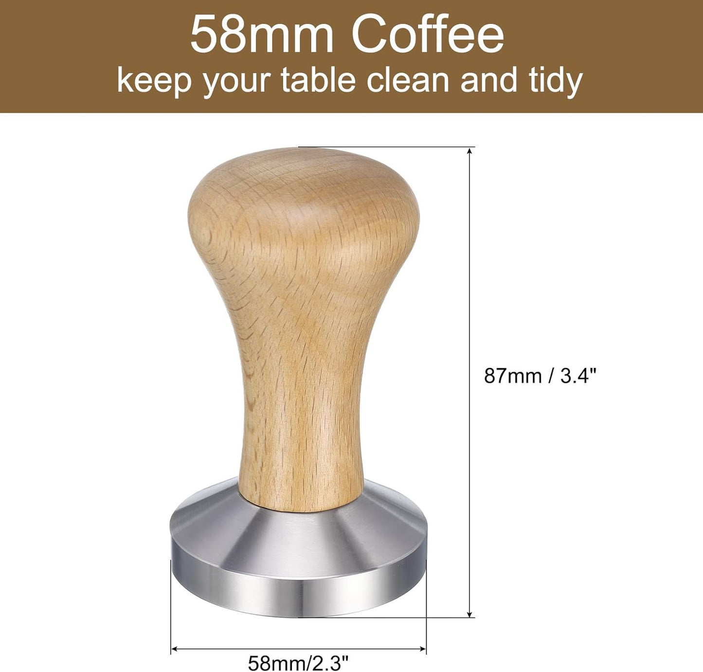 uxcell 58mm Espresso Tamper, Stainless Steel Press Tool Tamper with Wooden Handle, Espresso Accessories for Baristas, Home, Shops, Cafe (Flat Base, Light Wooden)