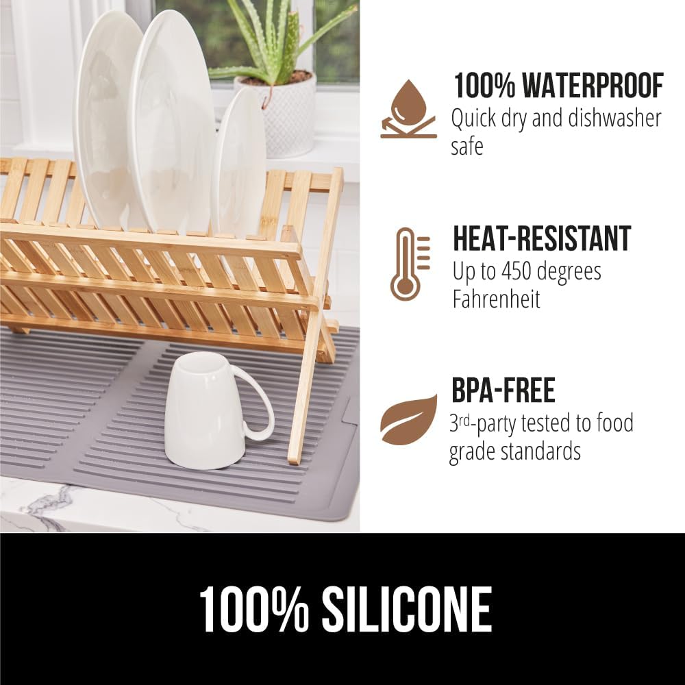 GORILLA GRIP 100% BPA-Free Patented Silicone Dish Drying Mat for Kitchen Counter, 18x24 Inch, Water Catching Ribbed Design, Easy Clean Waterproof Sink Liner, Heat Resistant, Fits Under Rack, Gray