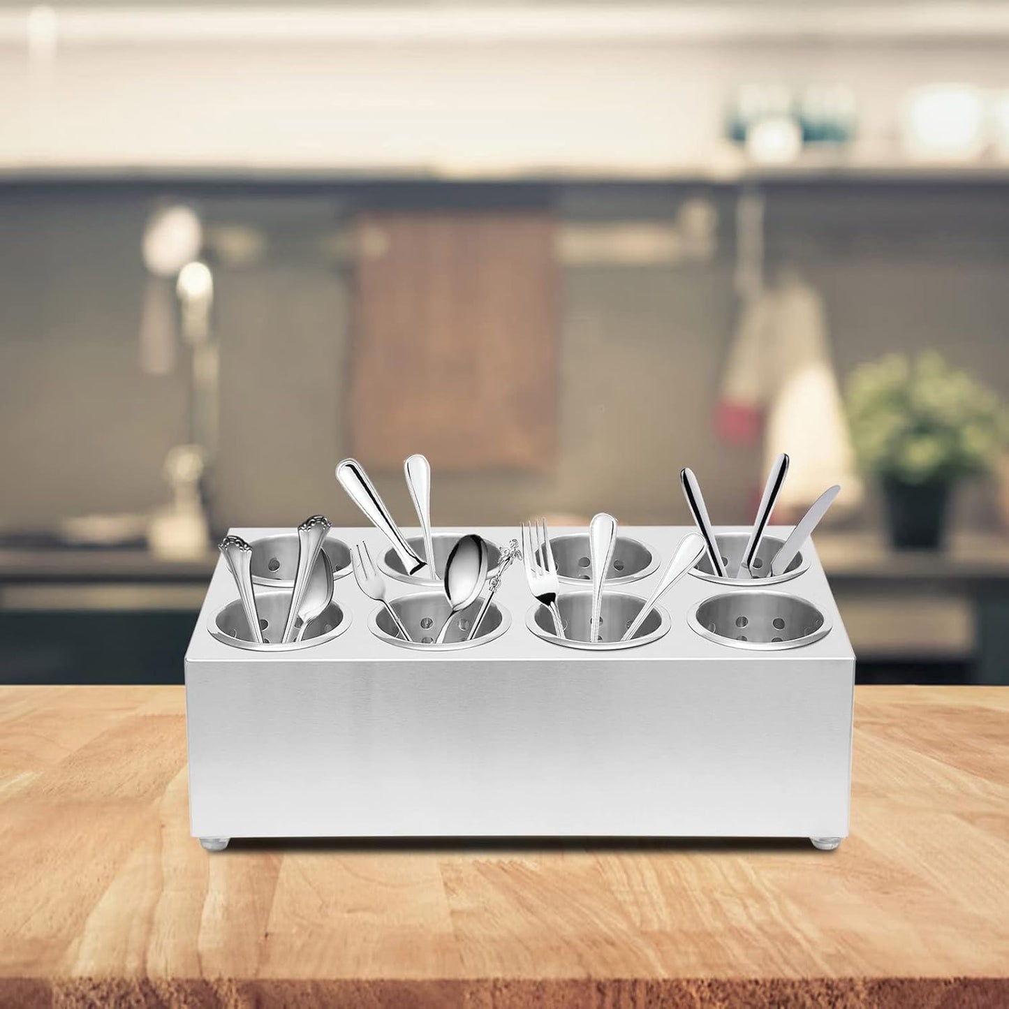 Stainless Steel Flatware Utensil Holder, Commercial 8-Hole Cylinder Silverware Organizer for Countertop Restaurant