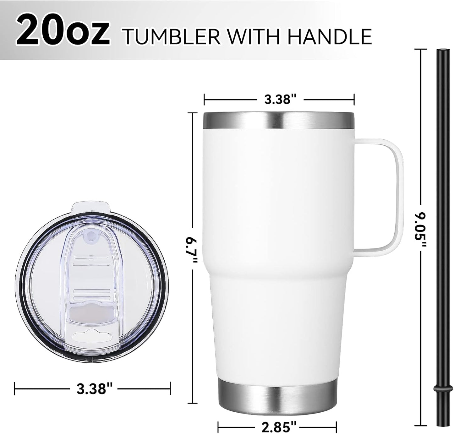 VEGOND 20 oz Tumbler Bulk with Handle Lid and Straw, Stainless Steel Insulated Travel Coffee Mug Set, Spill Proof Double Wall Metal Tumblers Cups, White 6 Pack
