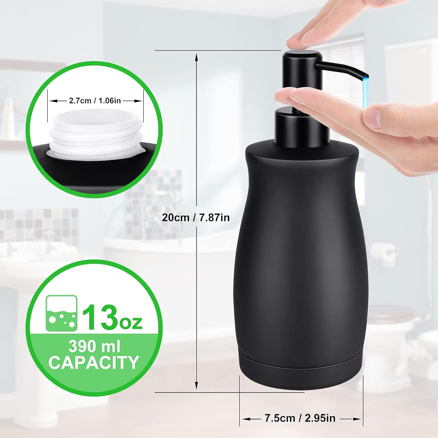Stainless Steel Countertop Matte Black Soap Dispenser Liquid Bottle for Kitchen & Bathroom Hand Dish Lotion (Matte Black, 390ml/13oz)