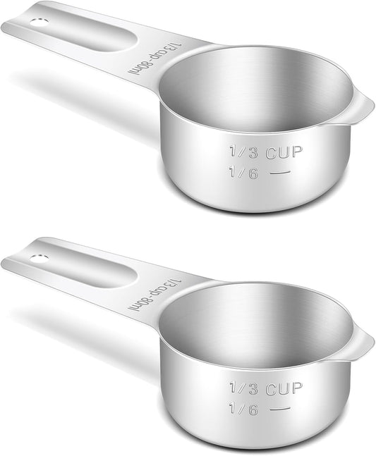 2PCS 1/3Cup (80ml, 2.7oz) Single Measuring Cup, Stainless Steel Measure Scoop, Metric and US Measurement, Heavy Duty, Dishwasher Safe
