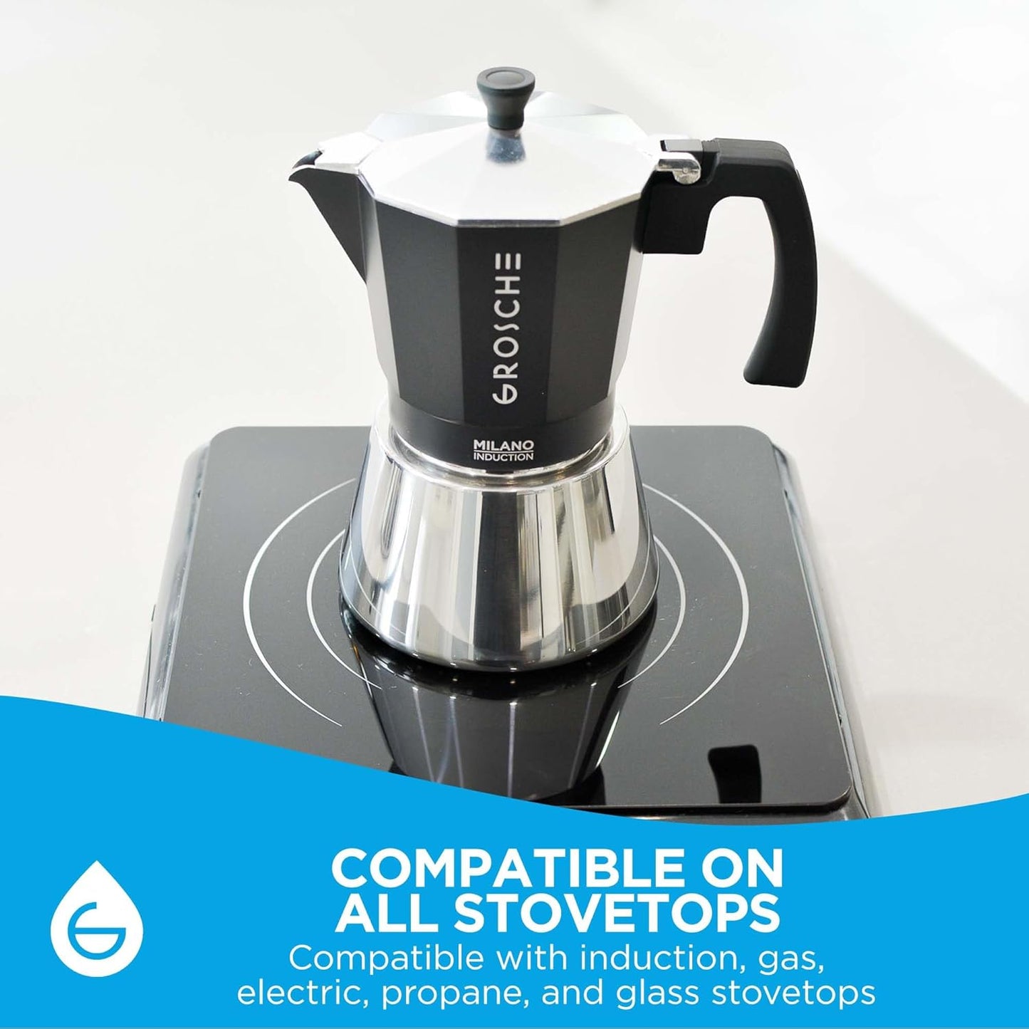 GROSCHE Milano Induction Stovetop Espresso Maker Moka Pot for Greca, Induction, Electric & Gas Stoves, Dishwasher Safe Stovetop Espresso Maker | 6 Espresso Cup, Black