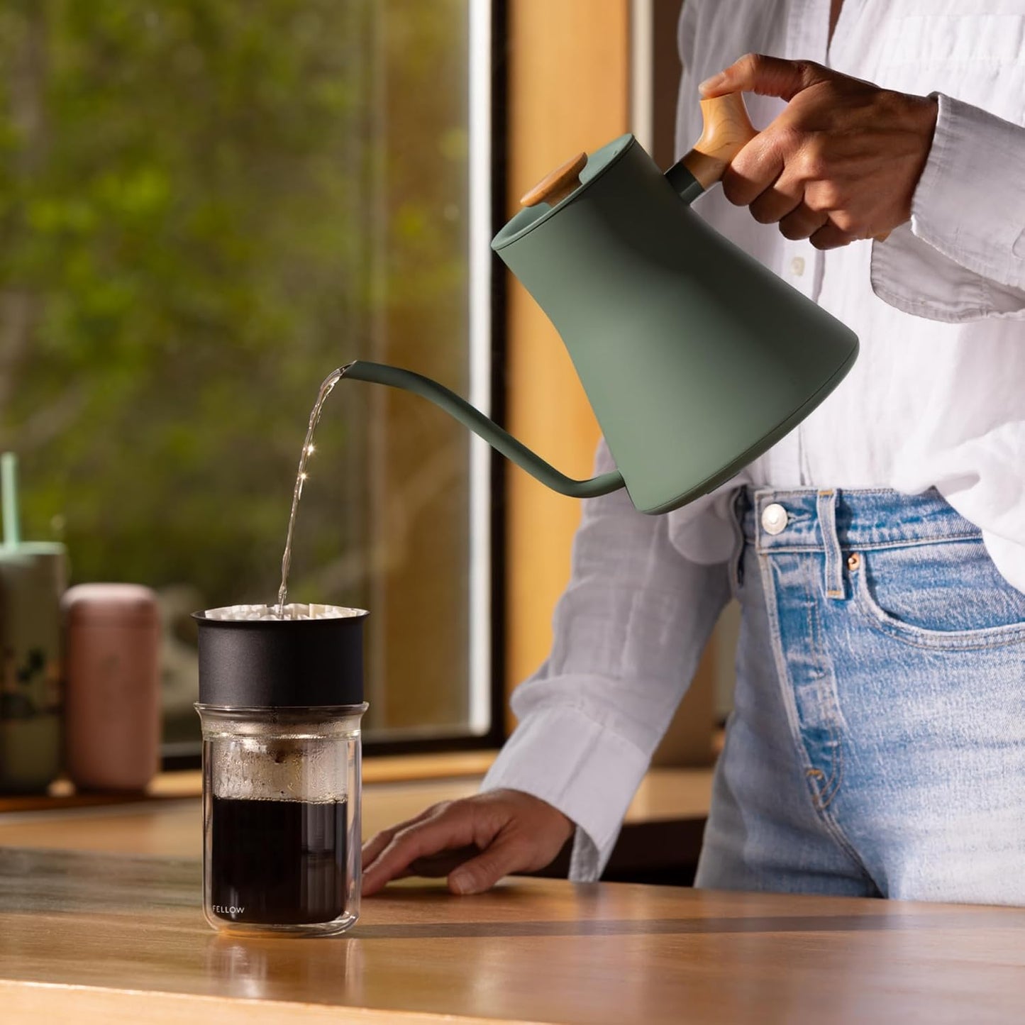 Fellow Stagg EKG Pro Electric Gooseneck Kettle - Pour-Over Coffee and Tea, Quick Heating, Precise Temperature Control, Scheduling, Built-in Brew Timer, Smoke Green with Maple Wood Handle, 0.9 Liter
