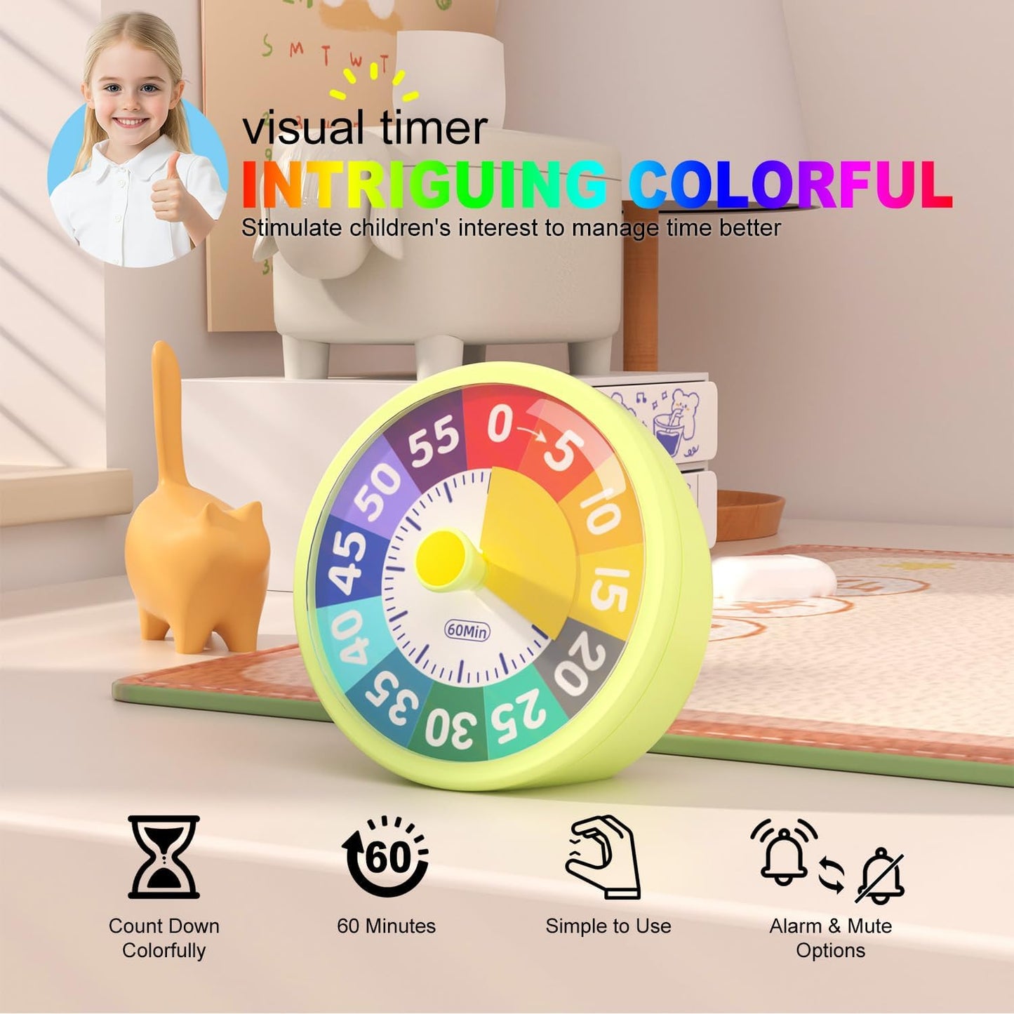 G.CATACC 60 Minute Visual Timer for Classroom Kids Teachers, 4-Inch Countdown Timer for Kitchen Cooking, Toddler, Training, Study, Work (Battery Not Included)