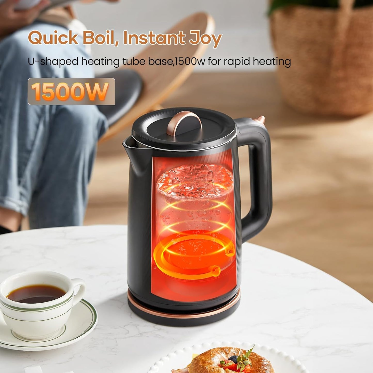 OLEGA Electric Kettle - 1500W Electric Tea Kettle 1.8L Stainless Steel Inner Electric Kettles for Boiling Water Auto Shut Off Boil-Dry Protection Electric Water Kettle for Coffee Tea Black
