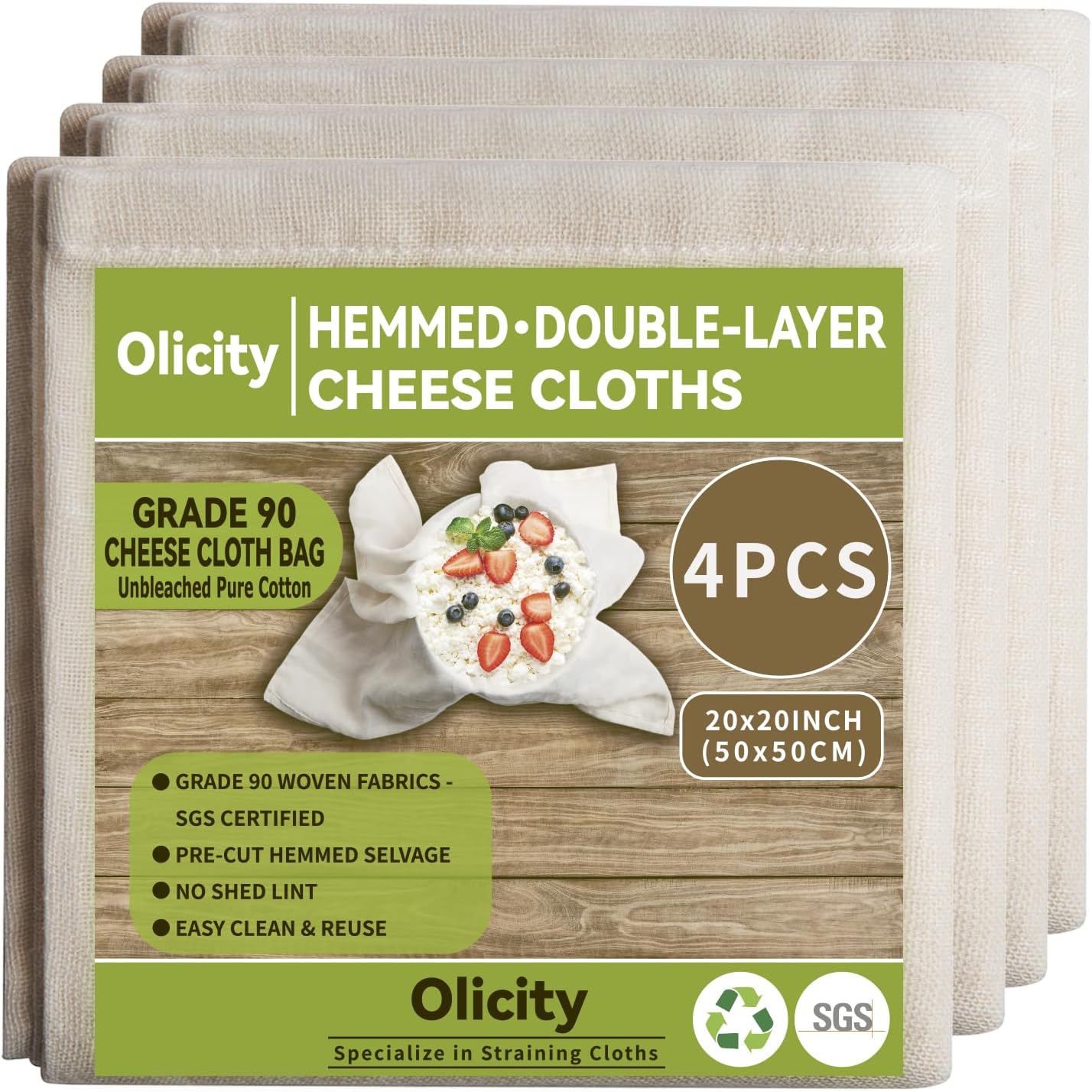 Olicity Cheese Cloths, 4PCS, Double-Layer, 20x20Inch, Reusable Grade 90 Cheese Cloth Bag for Straining, Hemmed Unbleached Cotton Precut Fine Mesh Muslin Cheesecloth for Brew, Jelly, Yogurt