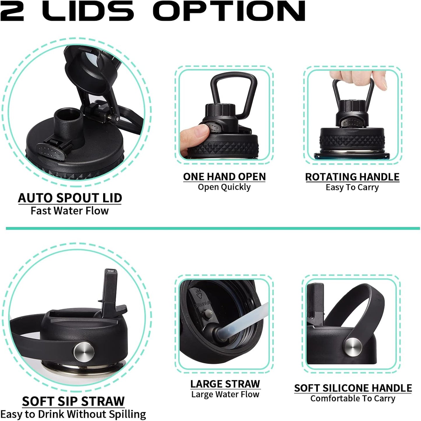 Stainless Steel Flask Water Bottle - 32oz/40oz/64oz Insulated Water Bottle with Straw & Spout Lids, Paracord Handle, Strap Sleeve, Protective Cup Mat, Hydro Thermo Perfect for Sports Office