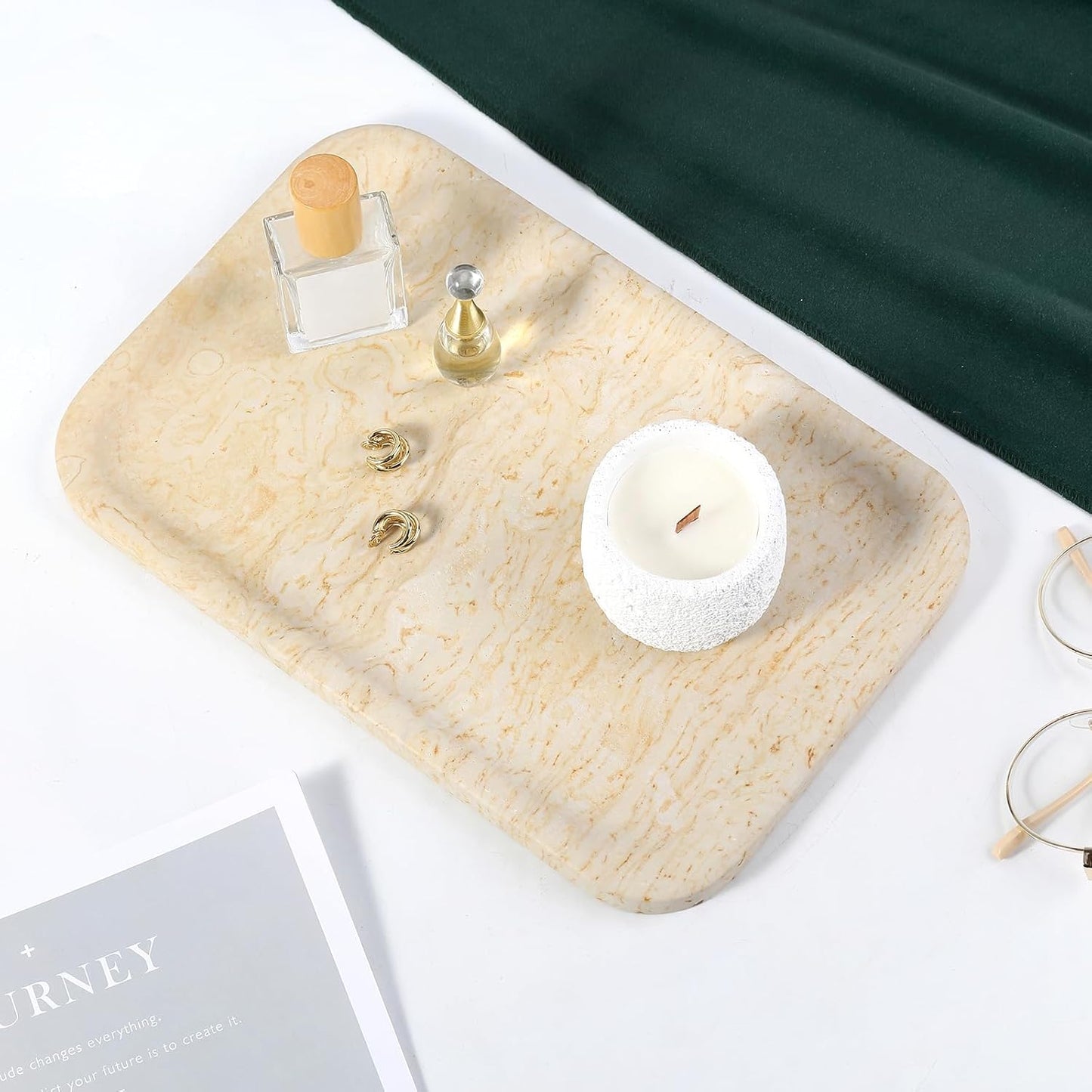 Koville Marble Tray, 12"x8" Marble Vanity Tray for Bathroom Kitchen Countertop, Rectangular Stone Tray for Cosmetics Perfume Trinket, Decorative Catchall Trays (Beige)