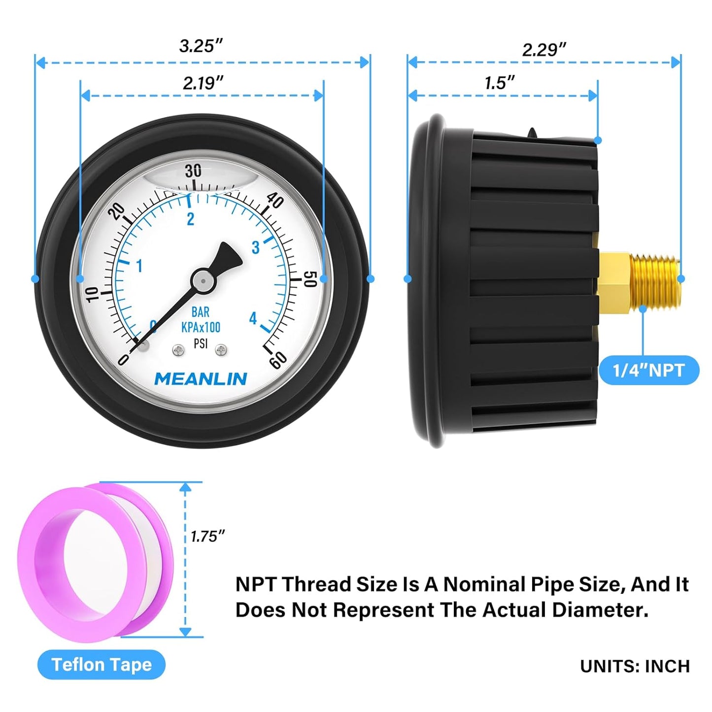 MEANLIN MEASURE 0~60Psi Stainless Steel Liquid Filled Pressure Gauge 1/4" NPT 2.5" FACE DIAL with Rubber Protective Sleeve, Center Back Mount