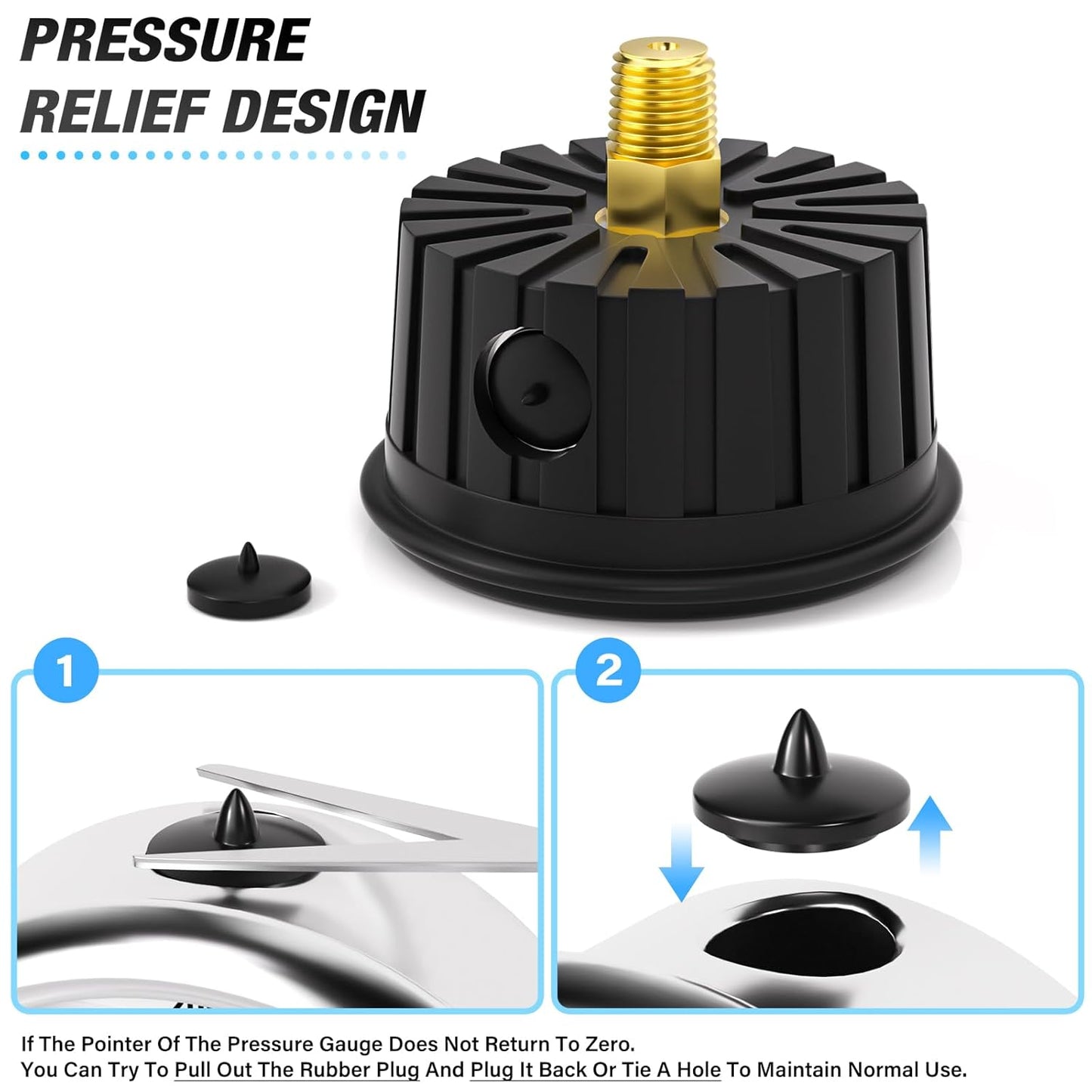 MEANLIN MEASURE 0~60Psi Stainless Steel 1/4" NPT 2.5" FACE DIAL Liquid Filled Pressure Gauge, Center Back Mount (with Rubber Protective Sleeve), with 1/2" NPT and 3/8" NPT Hex Bushing