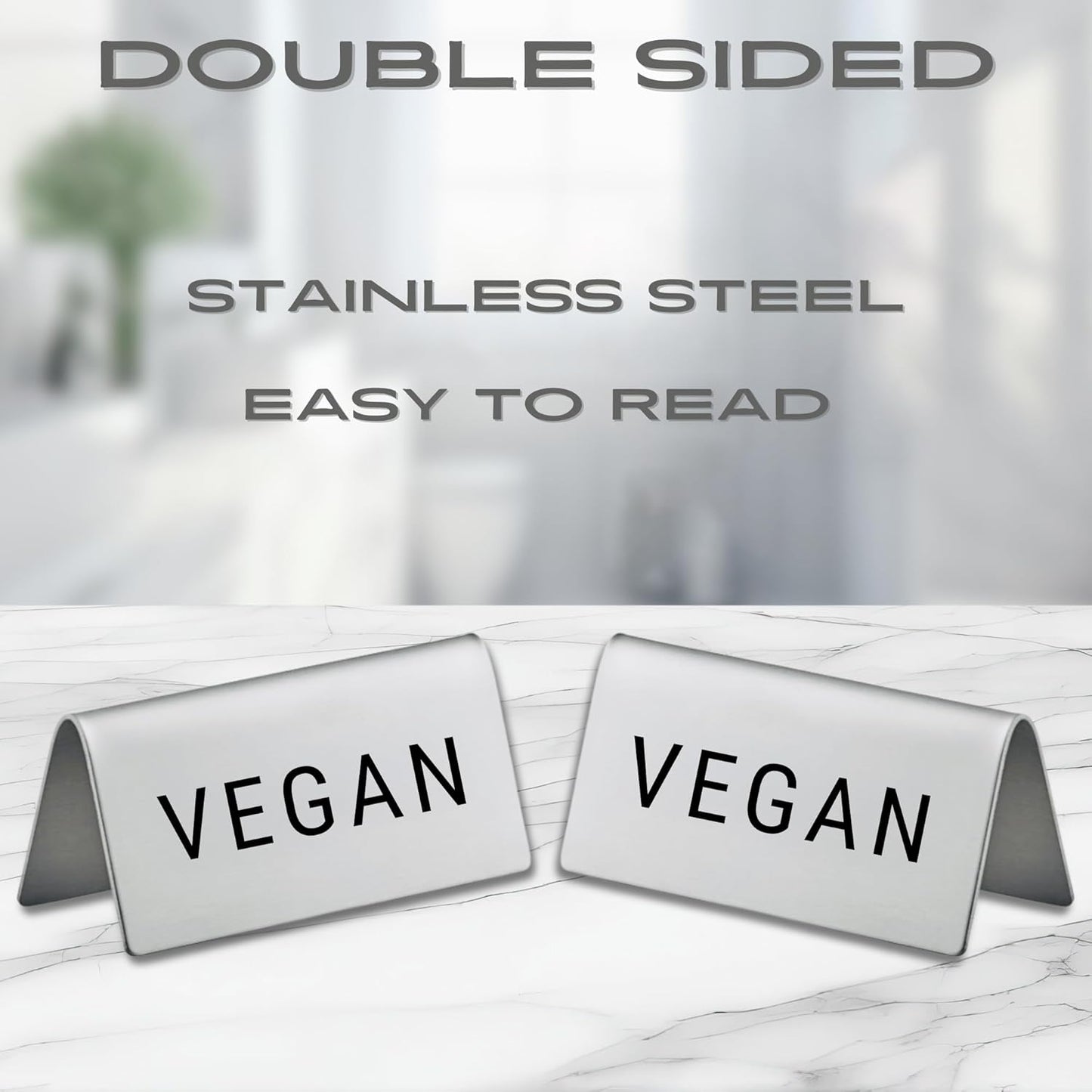 Vegan Stainless Steel Metal Table Tent Sign - 3" x 1-1/2" - Table Top Setting for Restaurants, Catering Businesses, Business. Great for Wedding, Banquet, Buffet, Party, Events. To Label Food Areas for Special Dietary Needs-12 PK