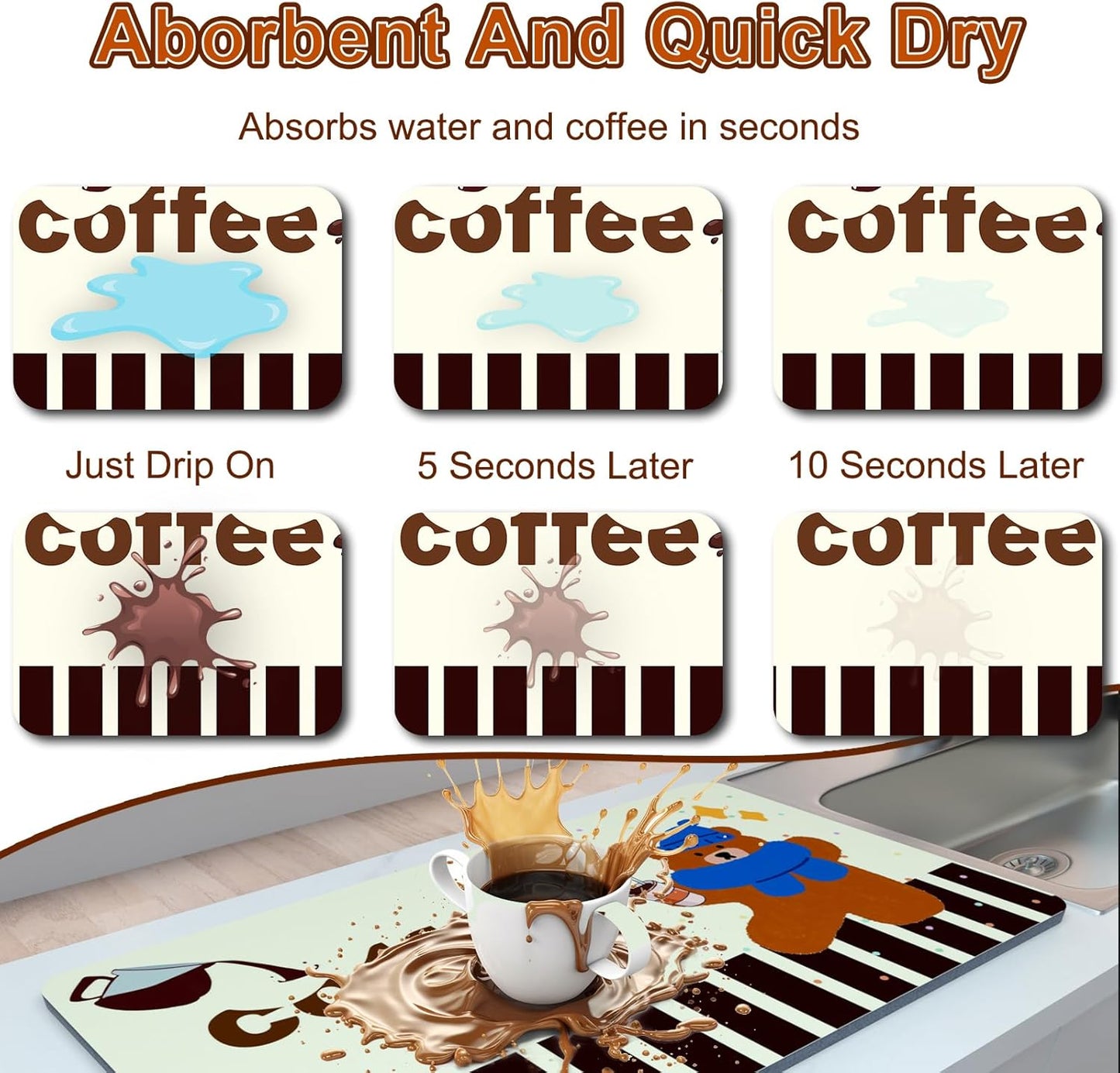 Dish Drying Mat 16" X 24", Super Absorbent & Cuttable Coffee Mats for Countertop, Kitchen Counter Mat Fits Under Coffee Maker or Machine, Hide Stain Drying Pad for Dish Drying Rack, Bear Coffee