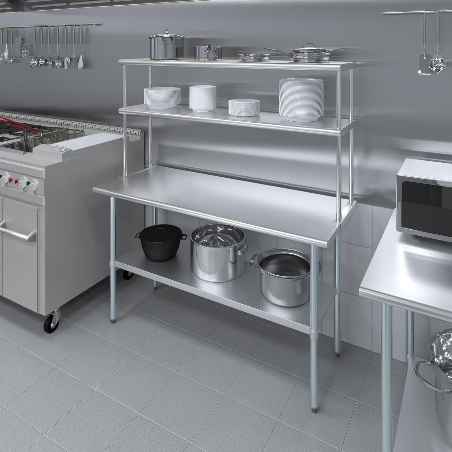 NSF Certified 18 Gauge Heavy Duty Stainless Steel Double overshelf with Brackets for Kitchens, Utility Rooms, Storage, Offices & Home