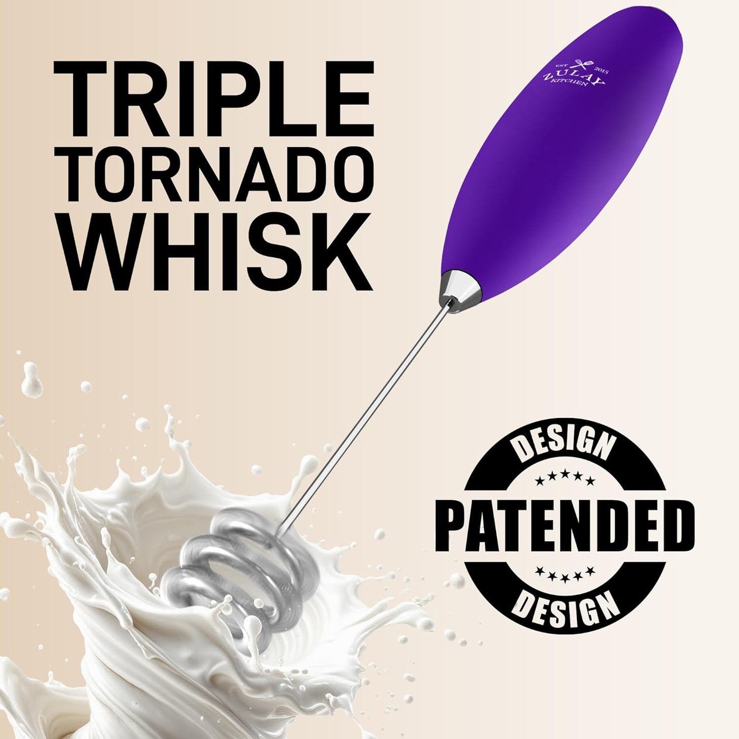Zulay Kitchen Tornado Whisk Milk Frother with 4 AA Duracell Batteries - Triple Whisk for More Power - Handheld Coffee Frother with Stand - Drink Mixer for Lattes, Matcha & Protein Shakes