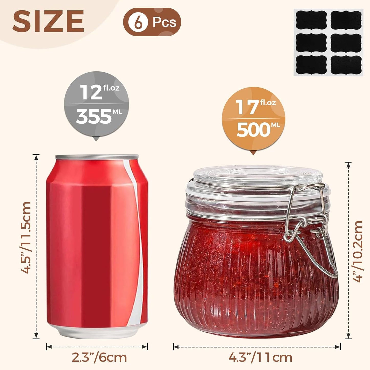 ComSaf Airtight Glass jar with lid 17oz, Glass Storage Containers with Lids, Small Canister, Mason Jars, Minimalist Jar for Kitchen Canning, Overnight Oats, Pickle, Spice, Set of 6