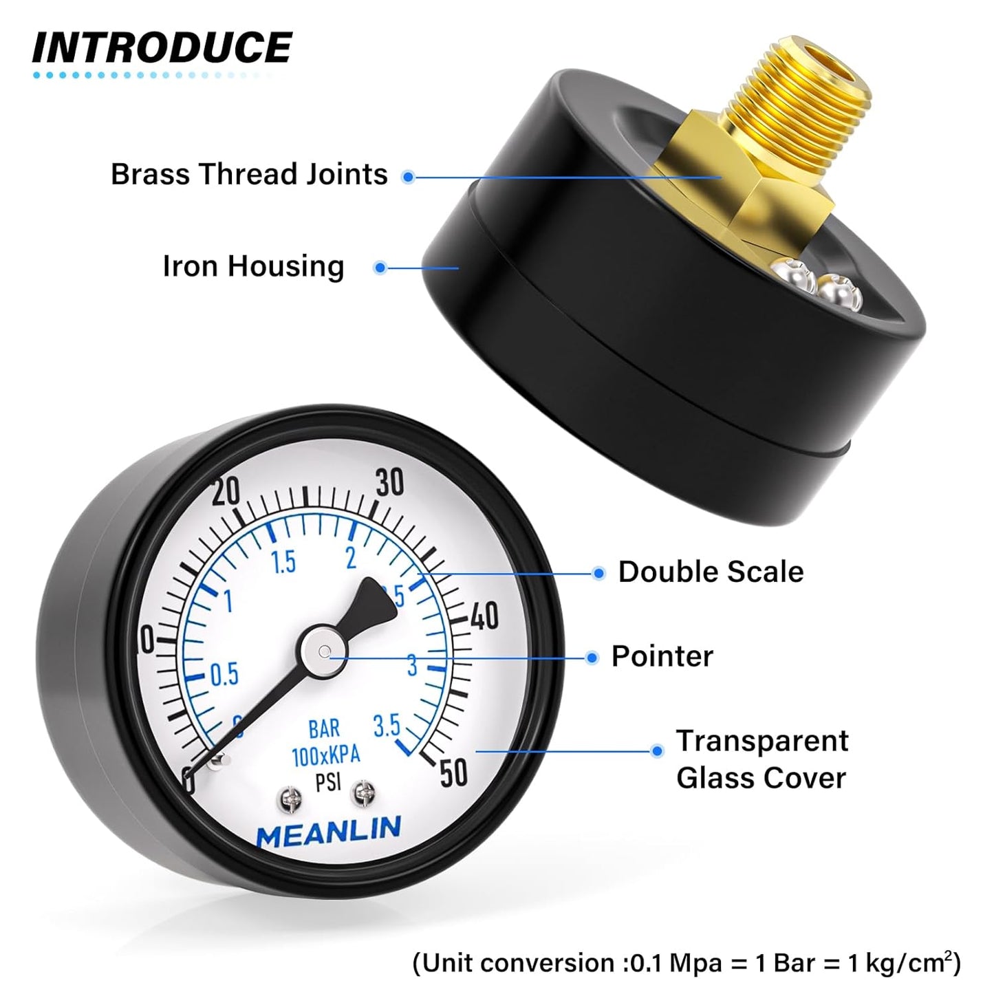 MEANLIN MEASURE 0-50Psi 2" DIAL FACE 1/4" NPT Well Pump Pressure Gauge, with 1/2" NPT and 3/8" NPT Hex Bushing, 3-2-3% Accuracy, Center Back Mount