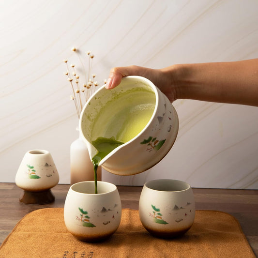 Marce Matcha Whisk Set- Matcha Set includes Matcha Whisk and Bowl (Bowl with Spout), Sifter, Holder and Scoop- The Perfect Bamboo Whisk for Matcha Tea (Cream- 7PC)