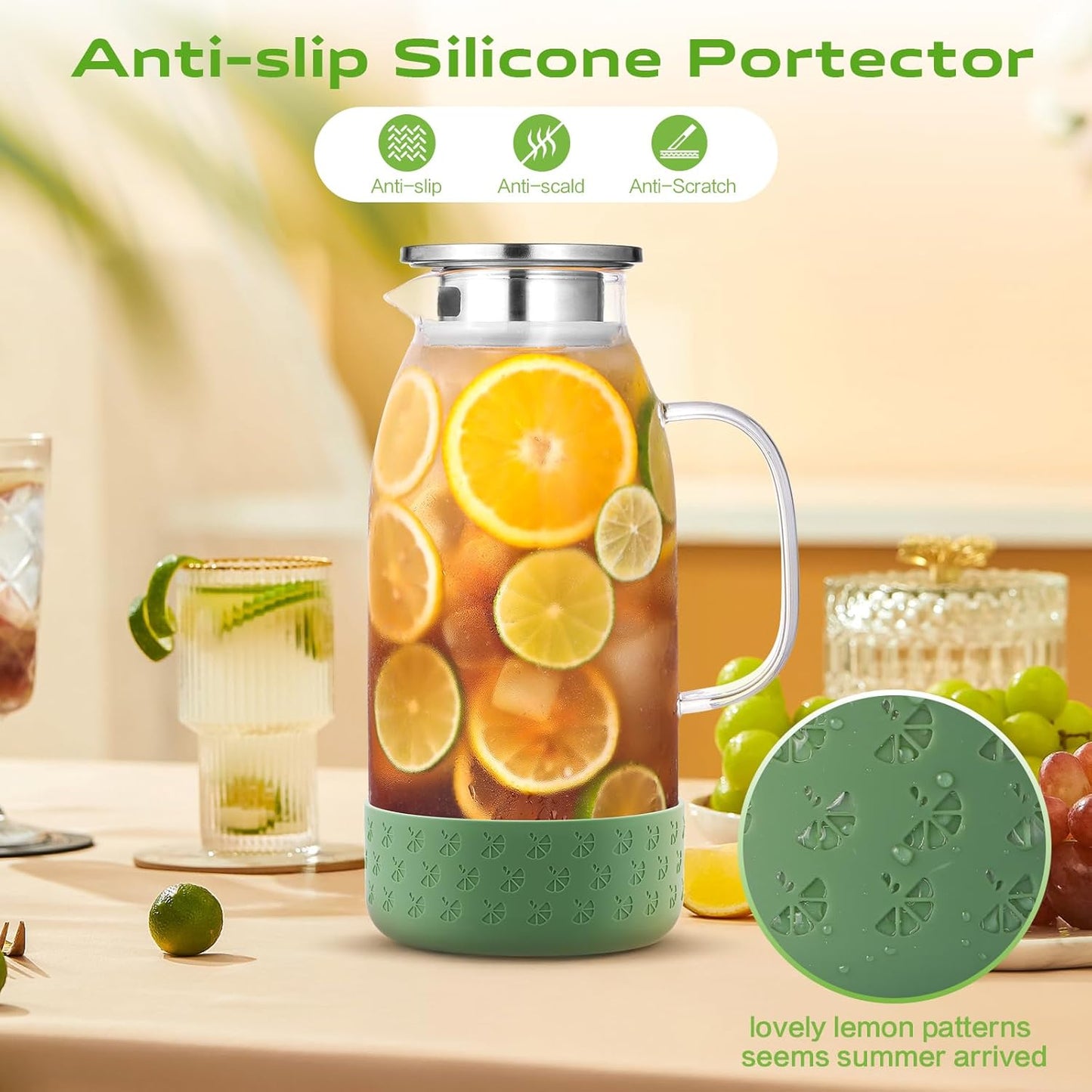 Glass Pitcher with Lid, ZBUFAN 68oz/2 Liter Glass Water Pitcher with Handle and Lid, Anti-Slip Base Juice Jug for Ice Tea, Sun Tea, Sangria, Lemonade Fridge Pitchers for Drinks Green
