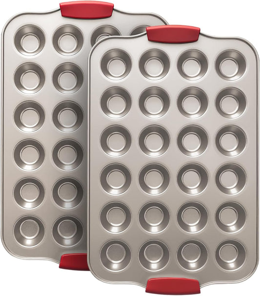 Mini Muffin Pan, 24 Tin Cupcake Pan, Nonstick Small Muffin Tray with Silicone Grip Handles, Durable Mini Cheesecake Cup Cake Pans for Baking, 2-PACK,Gold