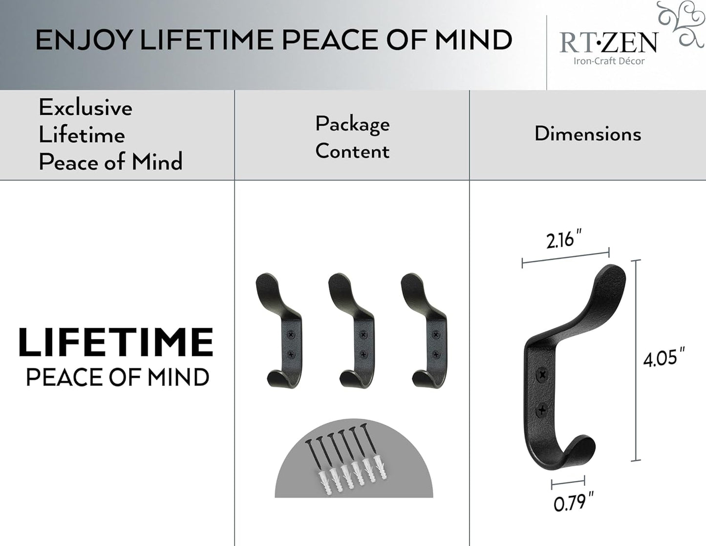 RTZEN Wall Mount Hook Set - Wrought Iron Decorative Rustic Metal Coat Hooks for Hanging - Handcrafted Classic Farmhouse Wall Mounted Black Hooks for Towel Robe or Hat Hanging - 3 Pack