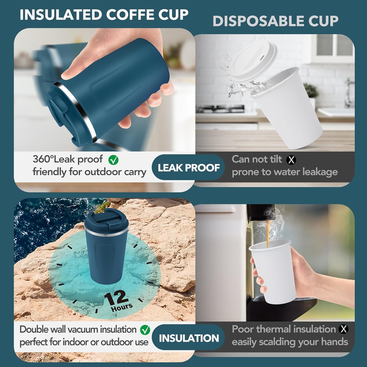 Volhoply 12 oz Double Wall Insulated Vacuum Travel Coffee Mug with Flip Lid,Reusable Stainless Steel Leak Proof Coffee Cup,Portable Iced Cafe Thermal Tumbler Suitable for Hot & Cold Drinks(Bule,1 Set)