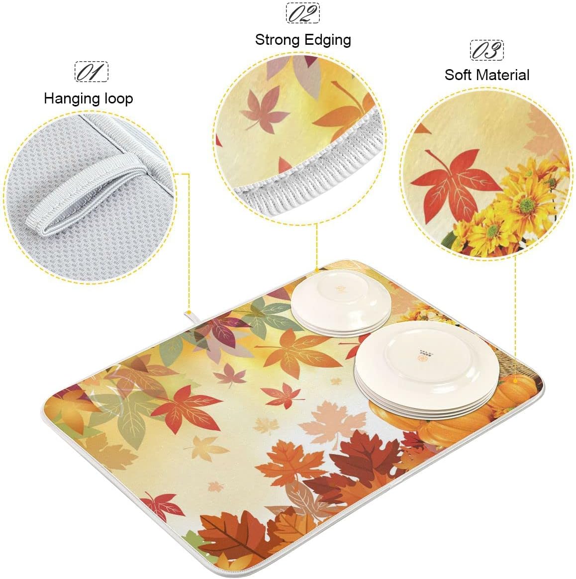 Autumn Fall Dish Drying Mat for Kitchen Counter Pumpkin Maple Leaves Drying Mat 18 x 24 Inch with Absorbent Reversible Microfiber Dish Drying Pad Dish Rack Drainer Mats for Coffee Bar