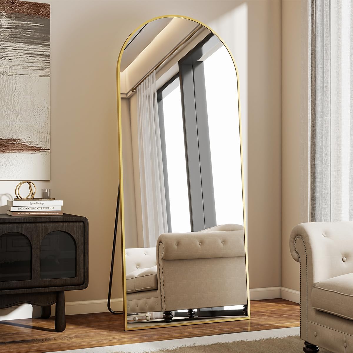 VooBang Arch Mirror Full Length, 26" x 71" Floor Mirror with Stand, Aluminum Alloy Frame Full Body Mirror, Standing Hanging or Leaning Against Wall for Bedroom and Living Room, Gold