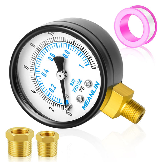 MEANLIN MEASURE 0-15Psi 2" DIAL FACE 1/8" NPT Well Pump Pressure Gauge, with 1/4" NPT and 3/8" NPT Hex Bushing, 3-2-3% Accuracy, Lower Mount