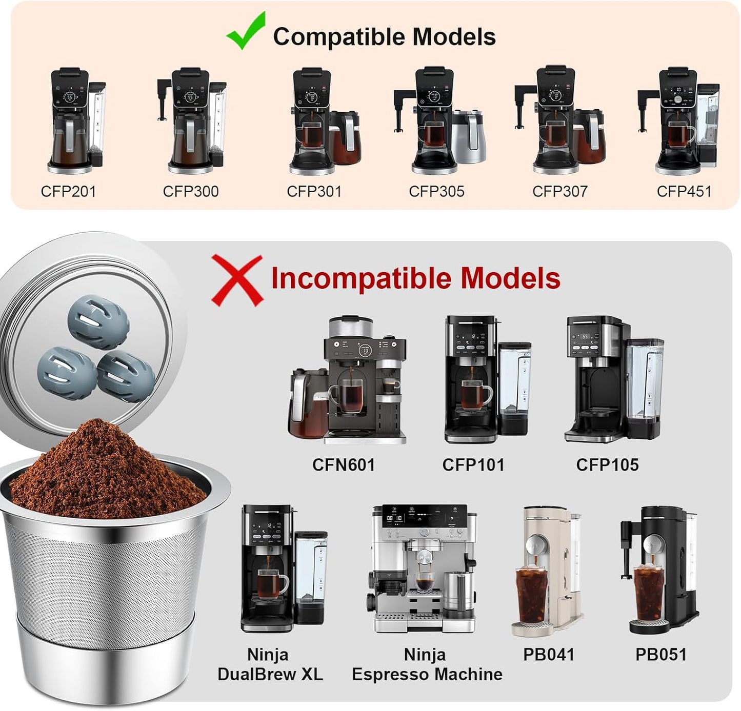 Stainless Steel Reusable Coffee Filter Compatible with Ninja Dual Brew Coffee Maker, Reusable Coffee Pods with 4 Cone Coffee Filters, Reusable k cups fit for Ninja CFP201 CFP301