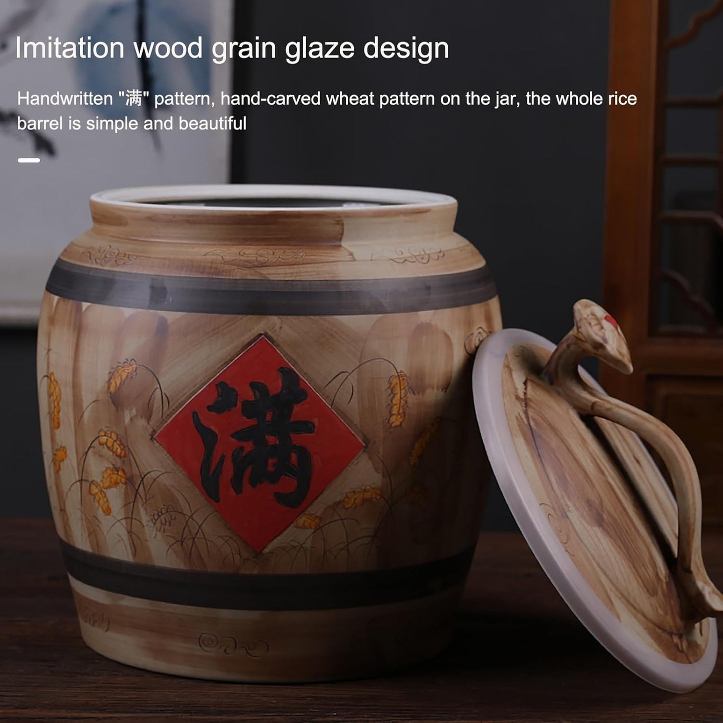 Ceramic Rice Storage Container Sealed Rice Bucket, Grain Dispenser Food Storage Jars, Chinese Jar Ceramic Decorative, for Cereal, Flour, Sugar, Coffee, Rice(28 * 23cm/11 * 9in)