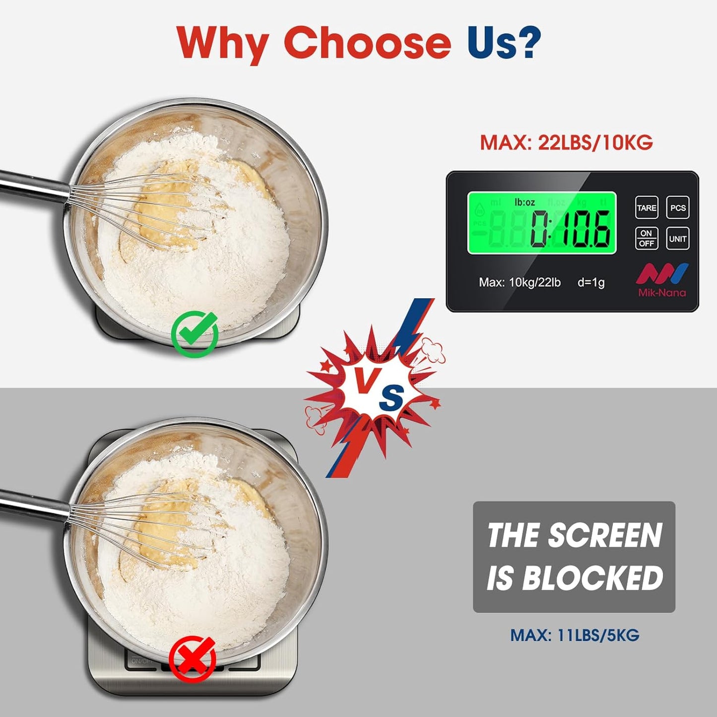 Mik-Nana Food Scale, 22lb Digital Kitchen Scale with 7 Units Wireless LCD Display & Tare Function, Stainless Steel Weight Grams and Ounces for Baking, Cooking and Meal Prep (Batteries Included)