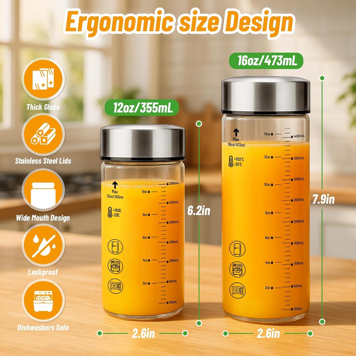 12oz Glass Water Bottles with Lids, 4 Pack Reusable Wide Mouth Juice Bottles with Stainless Steel Caps, Leakproof Borosilicate Glass for Juicing, Smoothies & Storage, BPA-Free,Dishwasher Safe