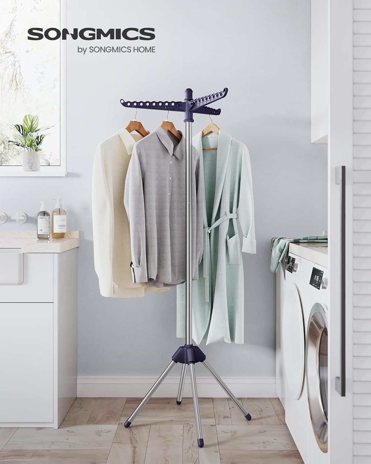 SONGMICS Clothes Drying Rack, 59-Inch Folding Laundry Drying Rack with 3 Rotatable Arms for Hangers, 4 Legs, Stainless Steel, for 27 Pieces of Clothes, Blue and Silver ULLR510Q01