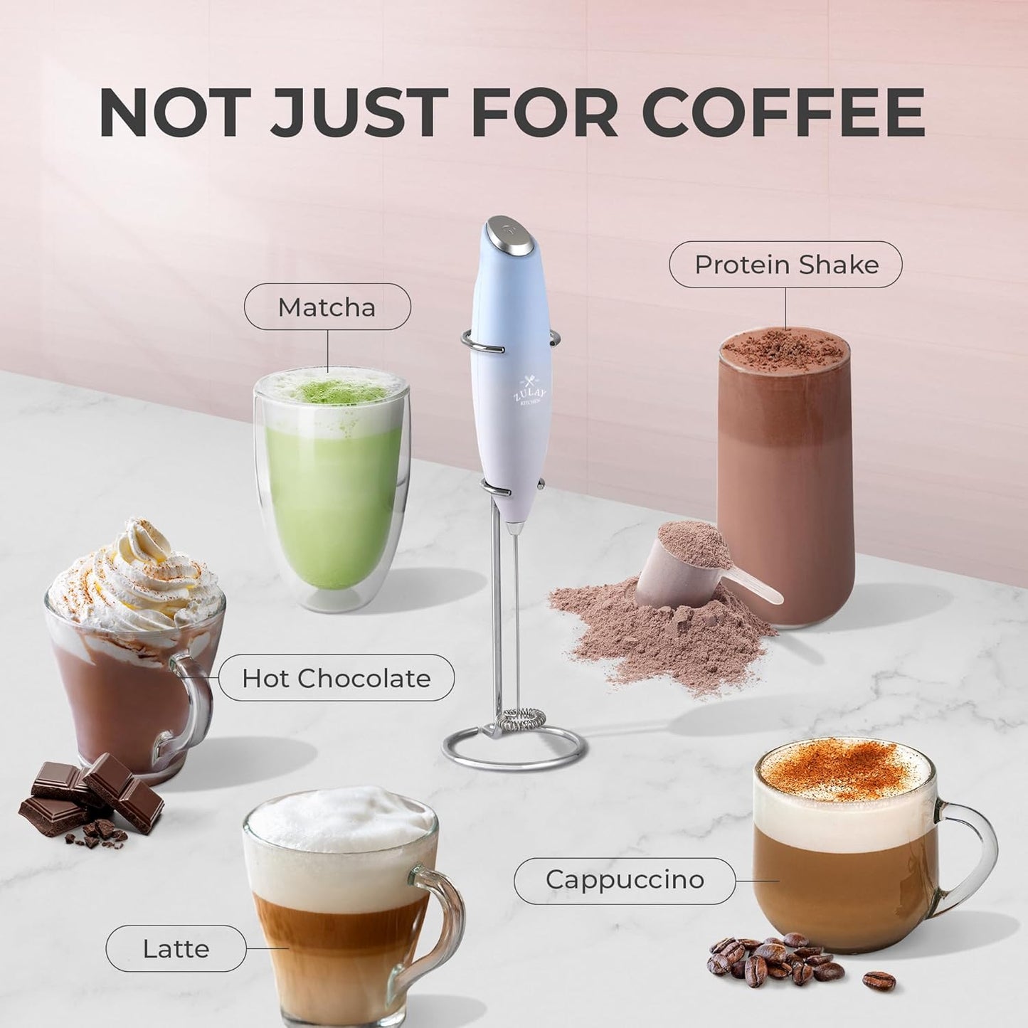 Zulay Kitchen Powerful Milk Frother Wand With 4 AA Duracell Batteries - Ultra Fast Handheld Drink Mixer - Electric Whisk Foam Maker for Coffee, Lattes, Cappuccino, Matcha & Creamer -