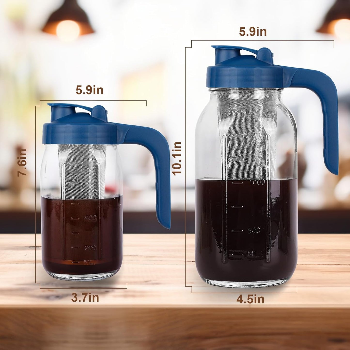Cold Brew Coffee Maker Pitcher,64 Oz Heavy Duty Glass Mason Jar Pitcher with V-shaped Pour Spout Handle Lid,Stainless Steel Filter for Iced Coffee,Iced tea,Fruit Drinks,lemonade - Blue
