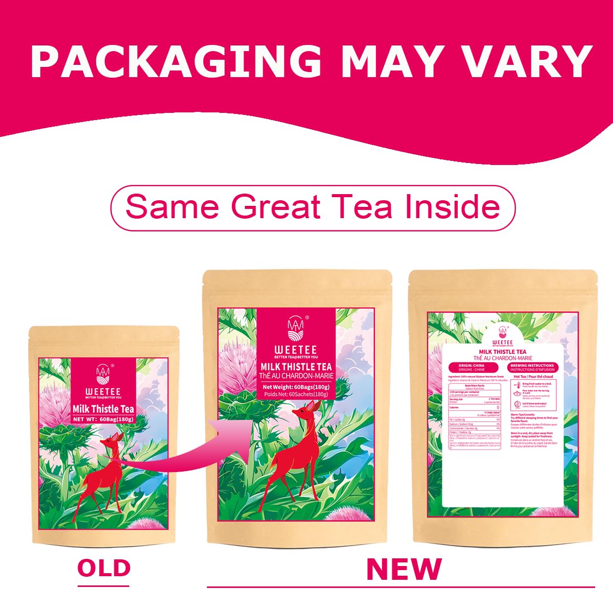 WT WEETEE Milk Thistle Tea Bags, Made with 100% Pure Milk Thistle Seeds, Natural Caffeine-free Herbal Tea Detox Tea 3g x 60 Counts