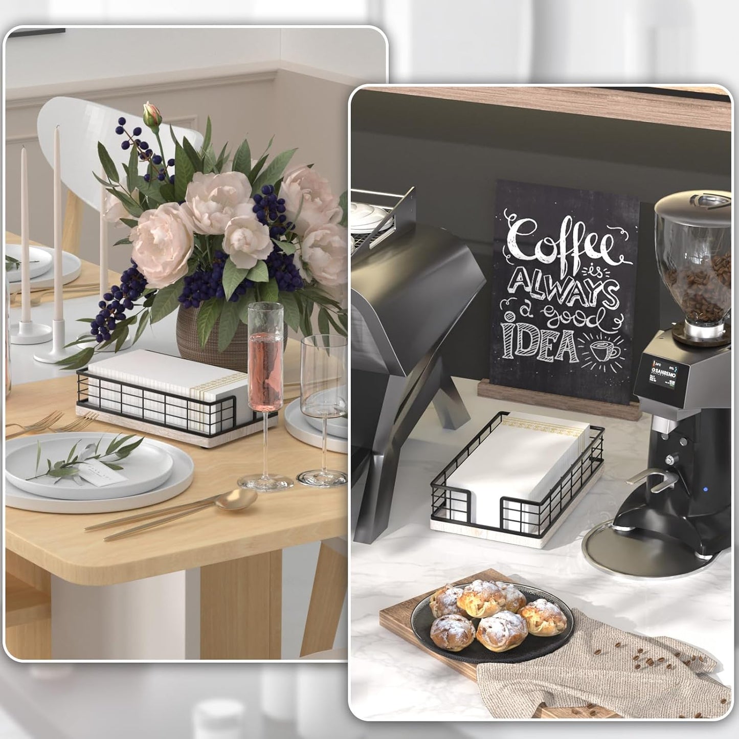 Wican Guest Towel Holder Tray for Bathroom, Ash and Iron Napkins Holder for Powder Room Dinning Table Wooden Basket for Disposable Paper Hand Towels Black and Ash Whitewashed