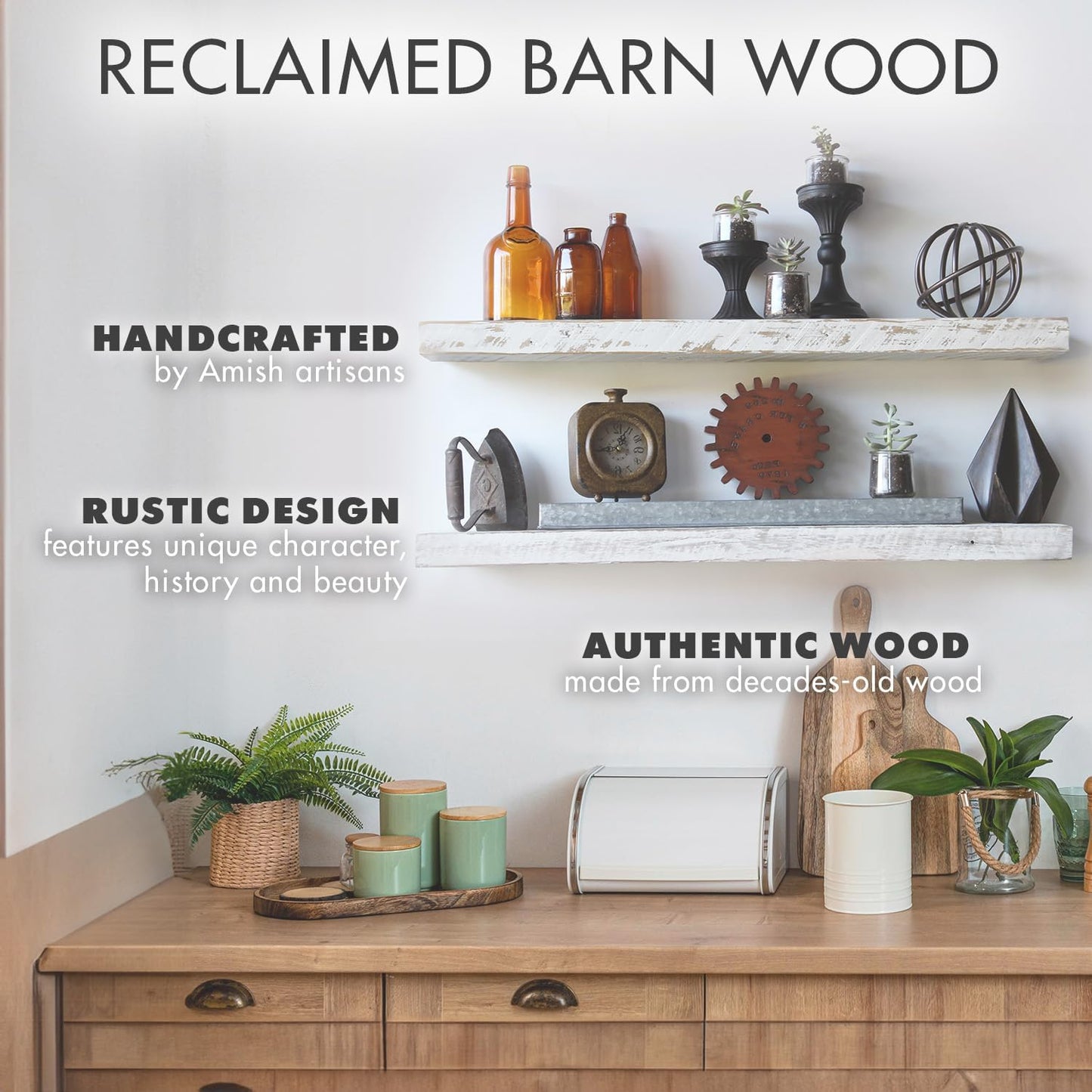 Urban Legacy Reclaimed Barnwood Planks | Floating Shelves for Wall w/Flush Mount Shelf Bracket Set Included | Set of 2 (White Wash, 30"x7"x 2")