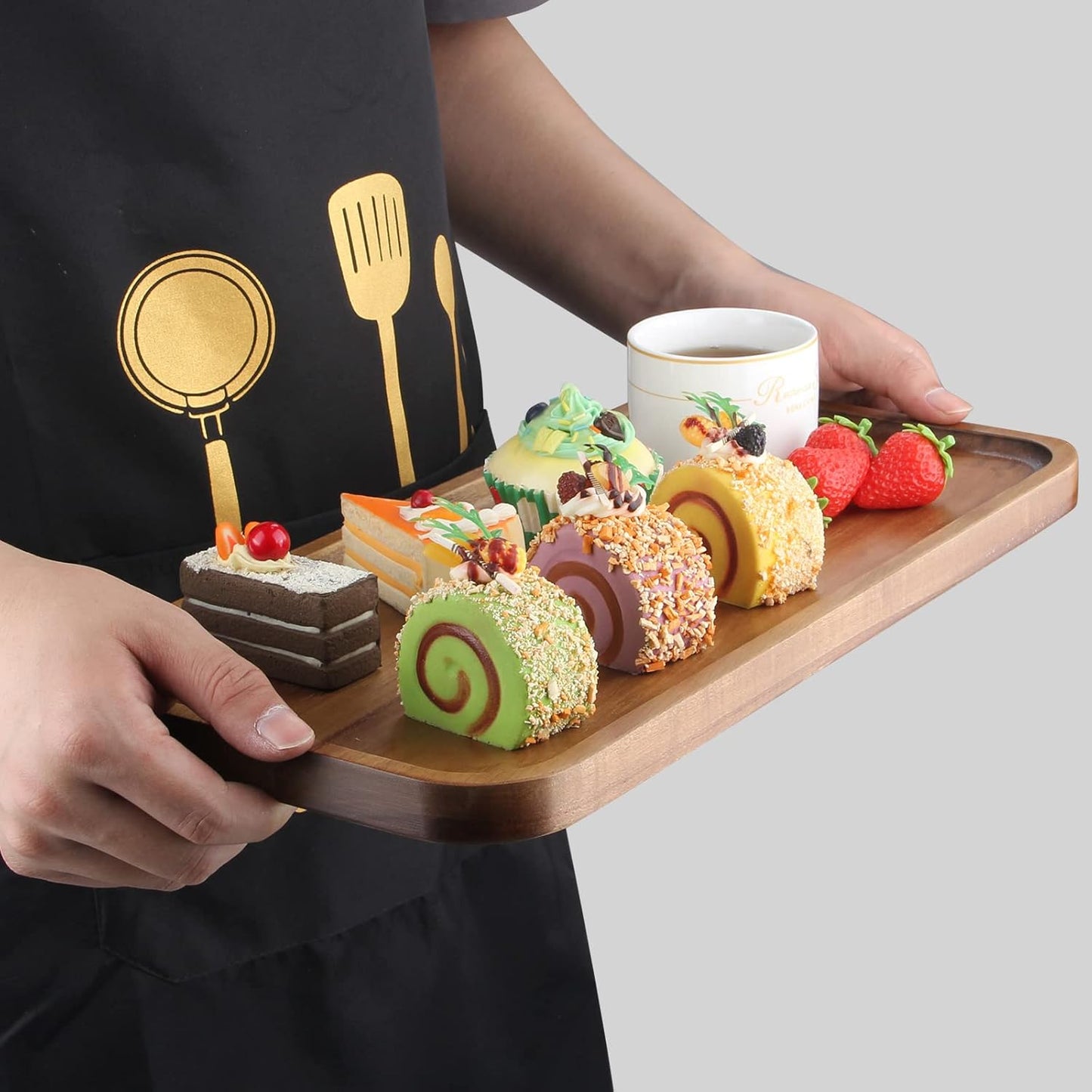 16" x 8" Large Wooden Serving Tray for Decor Party Charcuterie Boards Rectangular Acacia Wood Dessert Platters Rectangle Cake Dessert Plates Food Cheese Platter Board Snack Kitchen Dishes Tray