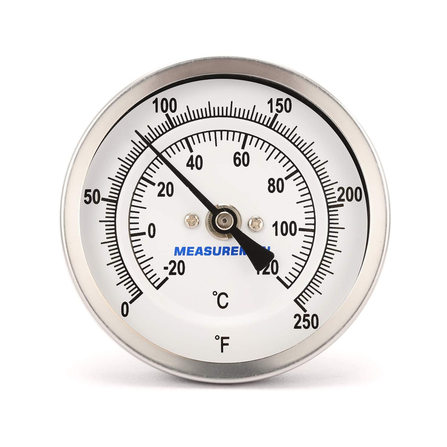 MEASUREMAN Fully Stainless Steel Pot, Kettle, Brewing Bimetal Thermometer, 3" Dial, 4" Stem, 0-250 deg F/-20-120 deg C, -1% Accuracy, Adjustable, 1/2" NPT Back Mount