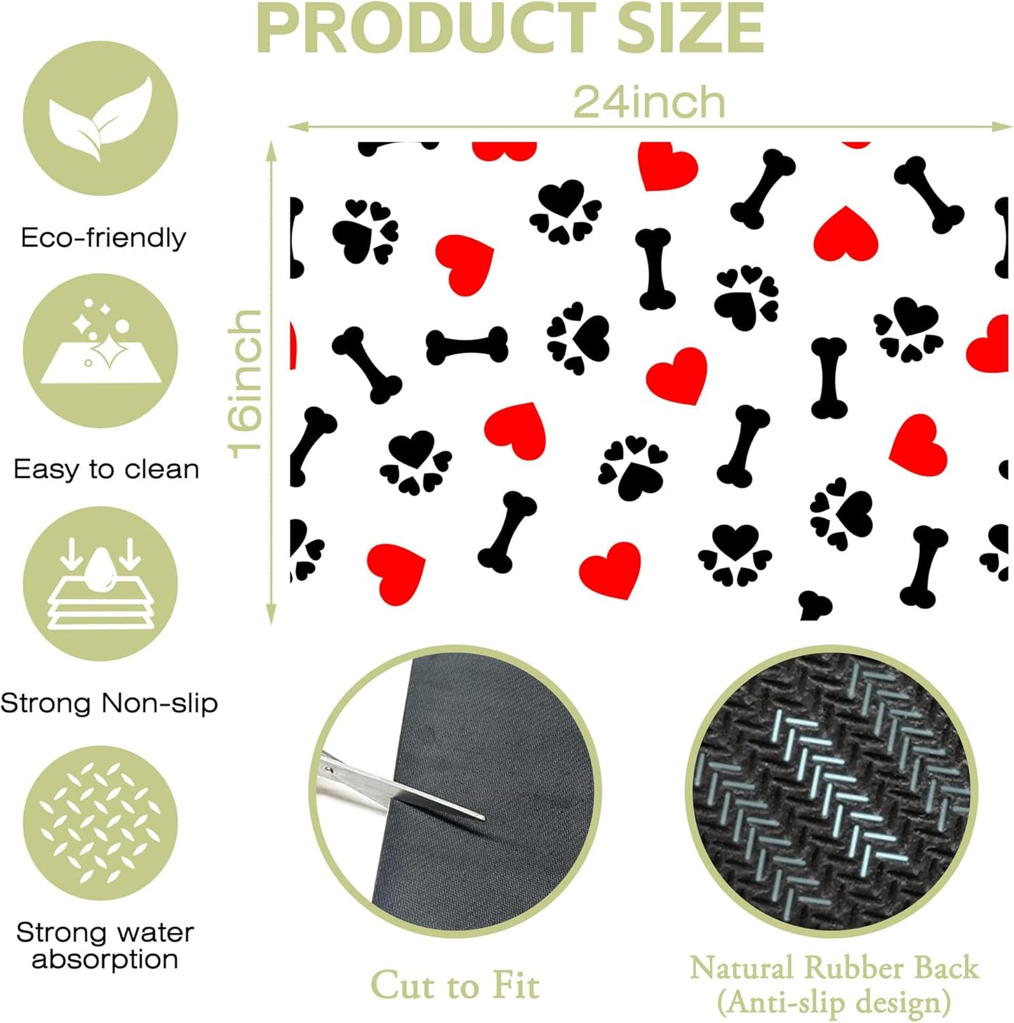 Dish Drying Mat Cute Dog Bone Paw Print Red Heart Kitchen Mat 16"x24" Bsorbent Coffee Maker Mat for Dishes,Utensils Coffee Maker Pots and Pans Easy Clean Dish Slip Resistant Pad