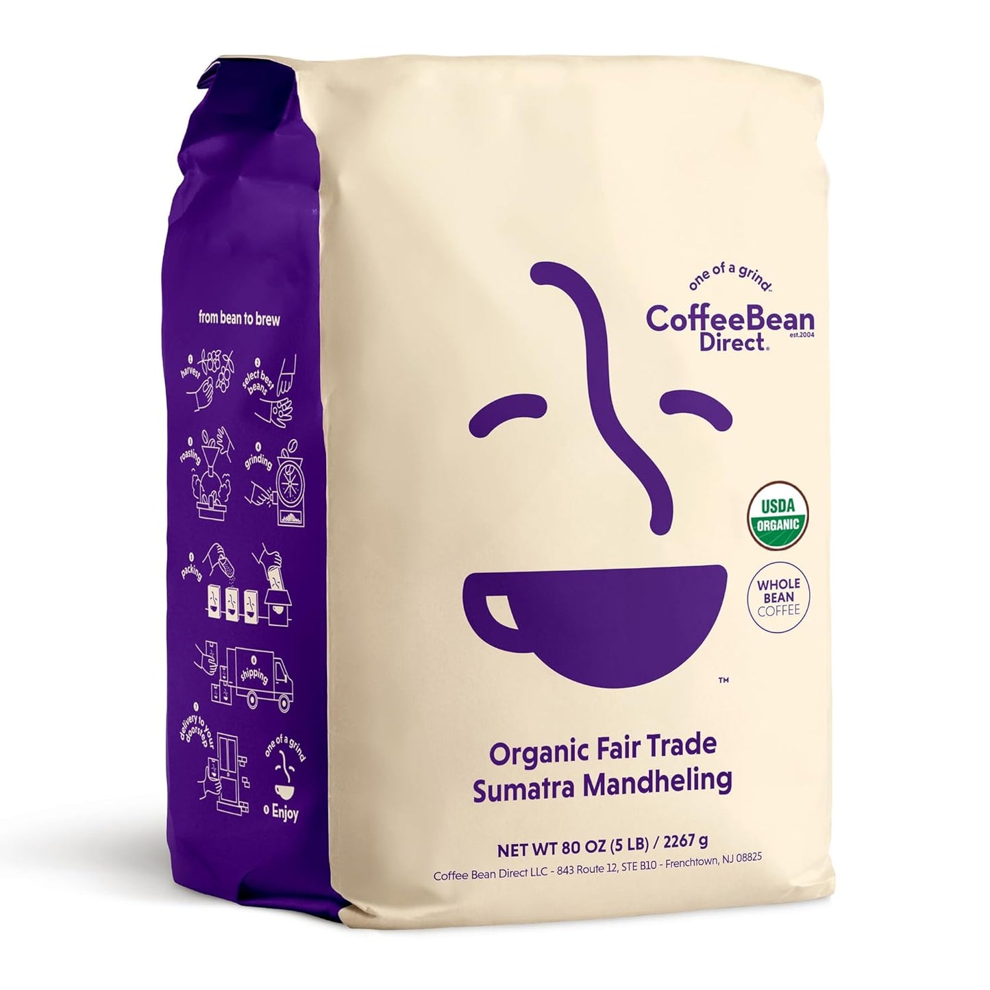 Coffee Bean Direct Organic Fair Trade Sumatra Mandheling, Whole Bean Coffee, Light Roast, 5 Pound Bag (Pack of 1)