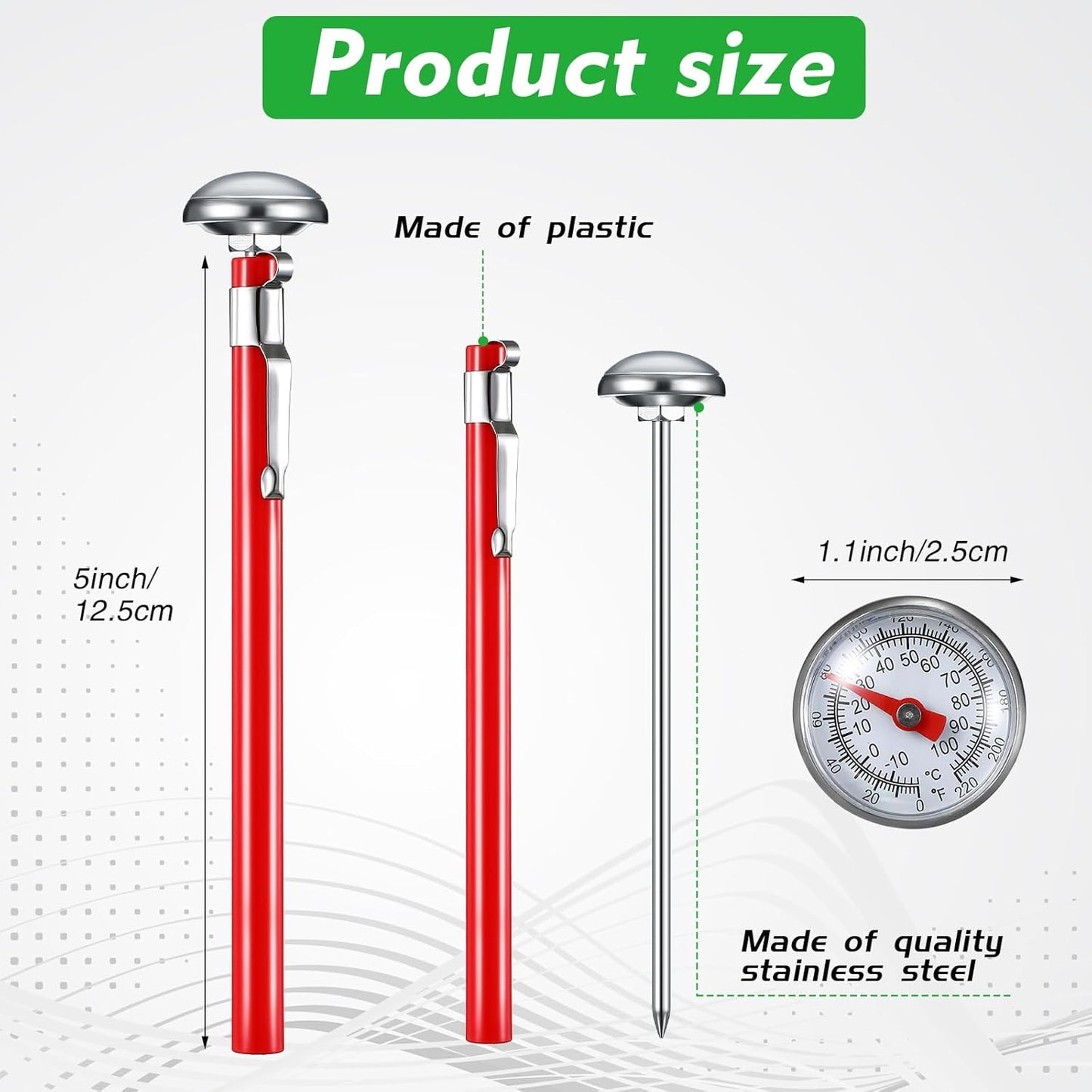 Xuhal 1 Pcs Stainless Steel Kitchen Thermometer with 5 Inch Long Stem 1 Inch Dial Thermometer Milk Frothing Food for Oven Probe Meat Grill BBQ Cooking Chocolate Water (Red)