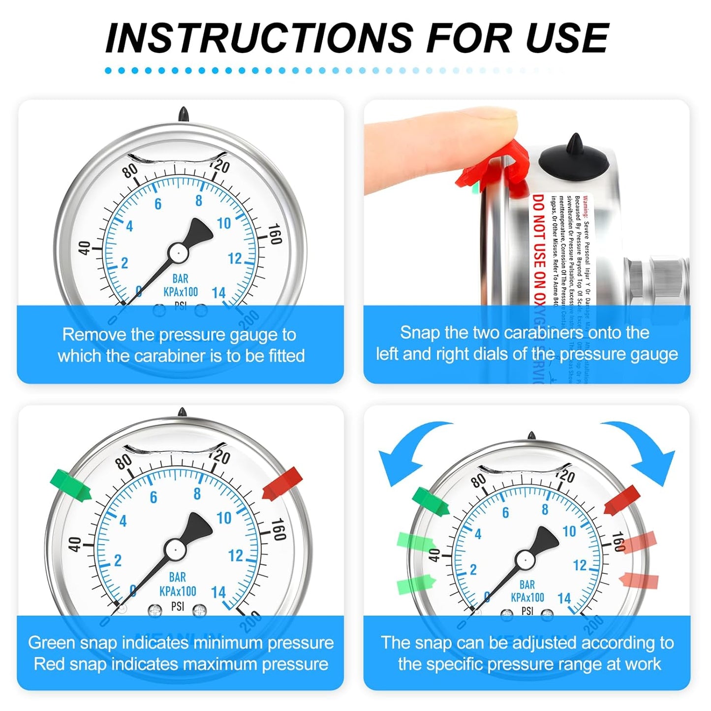 MEANLIN MEASURE 0~200Psi Stainless Steel Liquid Filled Pressure Gauge 2.5" FACE DIAL 1/4" NPT for Air Compressor Air Regulator Water Filter Back Mount with Stainless Steel Hex Bushing and Snaps