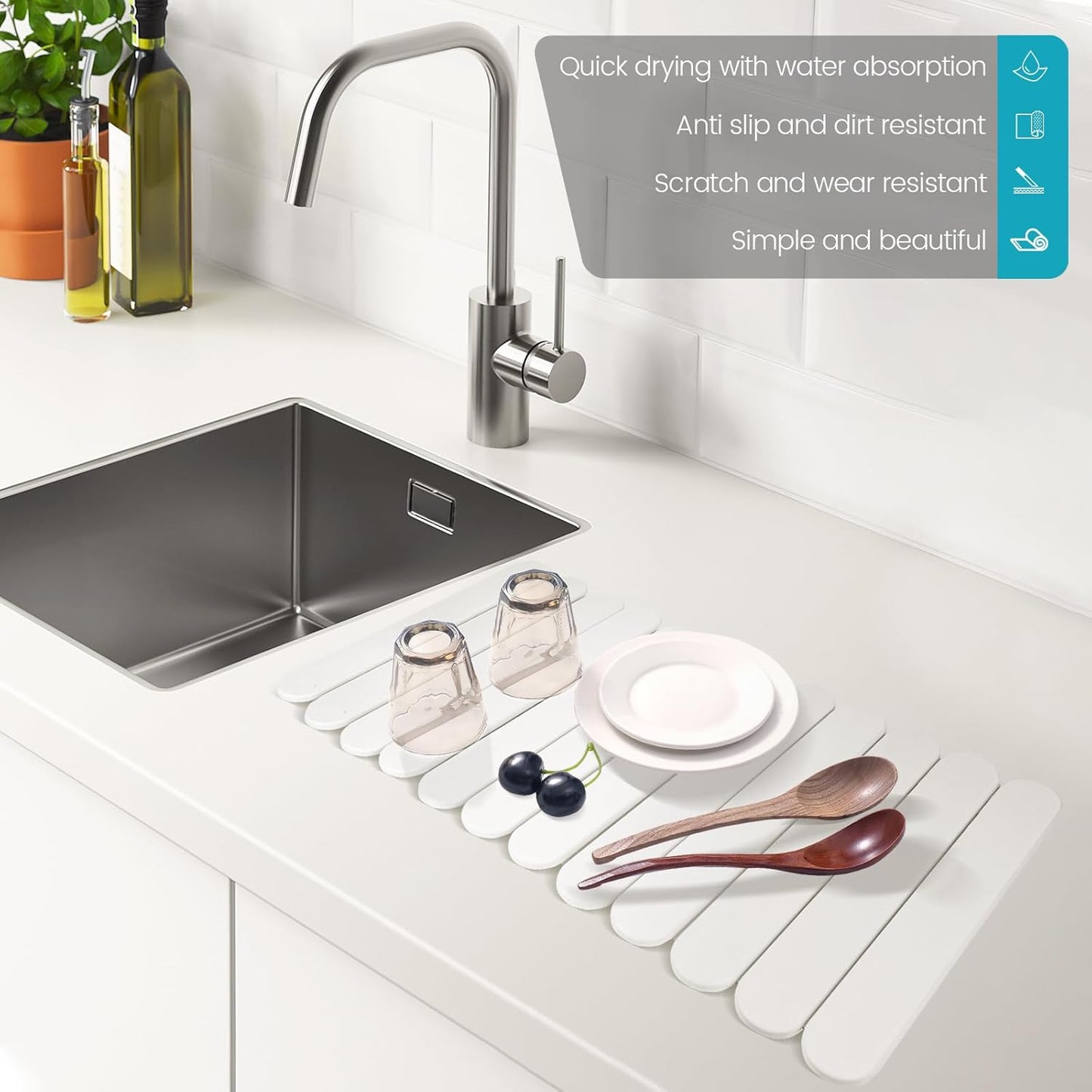 Extral Large Quick Dry Stone Drying Mat for Kitchen Counter,28"(L)x16"(W) Collapsible Eco-Friendly Absorbent Diatomaceous Earth Mat for Dishes Cups,Dish Drying Mats (White-Ellipse, 28x16 inch)