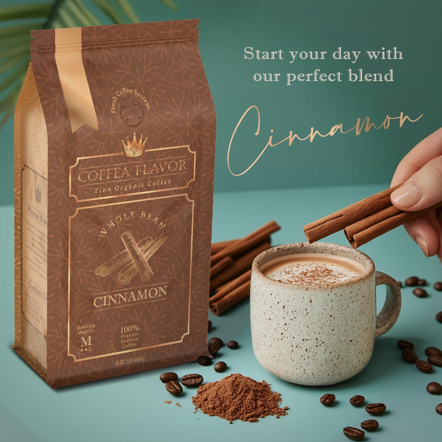 Cinnamon Flavored Whole Bean Coffee – 100% Arabica, Single Origin, Medium Roast, Naturally Sweetened, Warm and Spicy Flavor – by Coffea Flavor